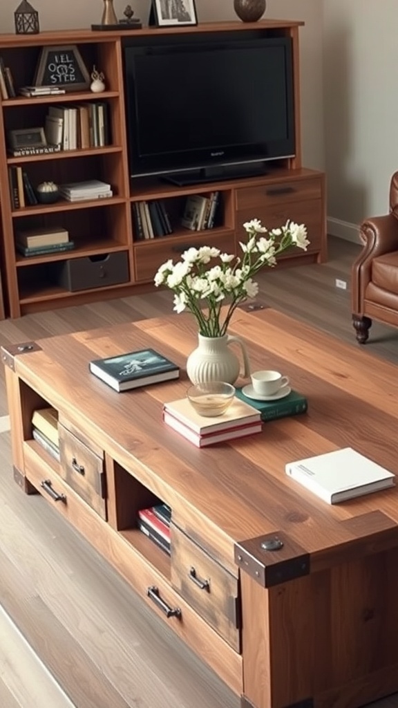 A rustic coffee table with storage drawers, books, and a vase of flowers.