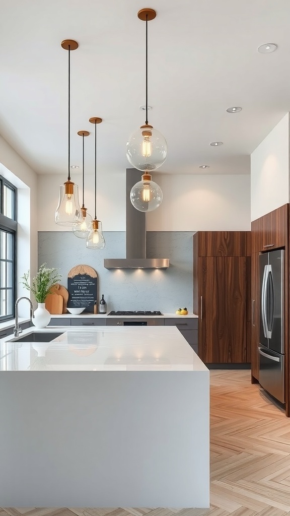 Modern kitchen with unique pendant lighting above a white island.