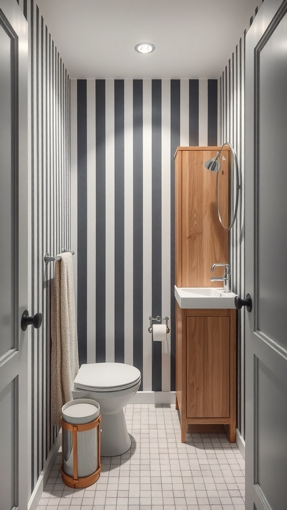 A small bathroom featuring vertical striped walls, a wooden cabinet, and a modern sink.