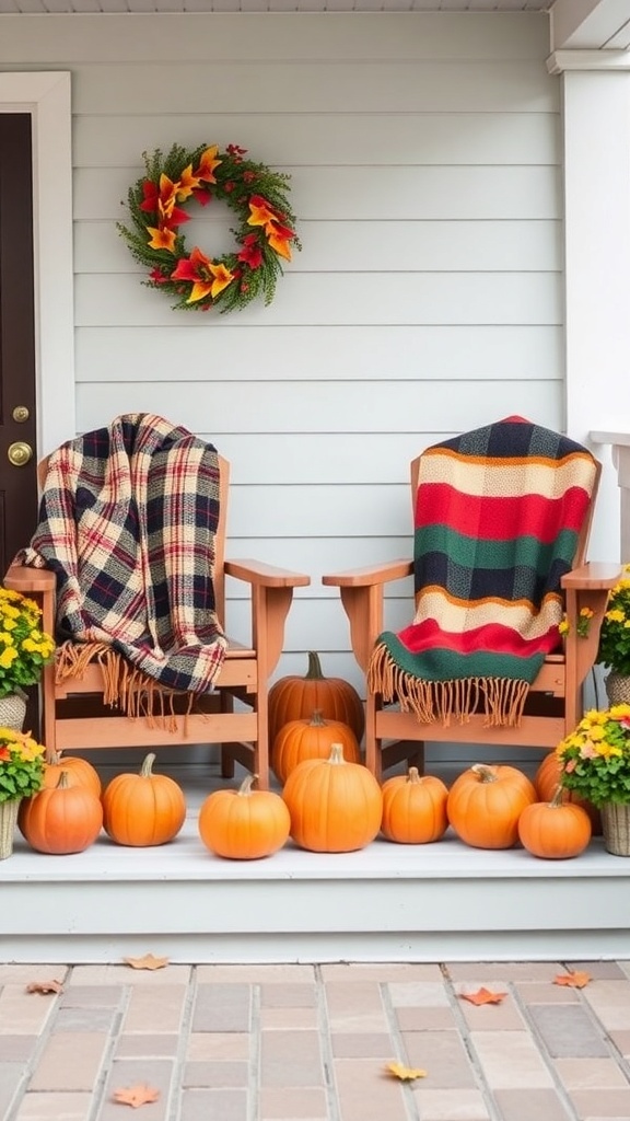 Two Adirondack chairs with throws on a front porch, surrounded by pumpkins and flowers.
