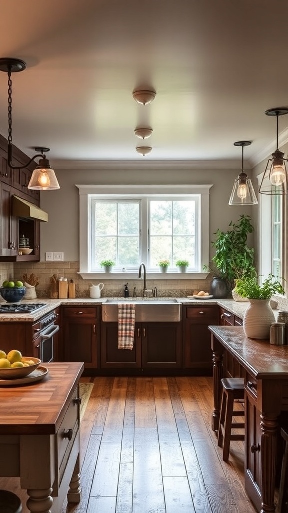 A cozy farmhouse kitchen with adjustable lighting options, featuring pendant lights and natural light from windows.
