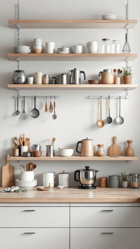 Adjustable wooden kitchen shelving with various kitchen items neatly arranged.
