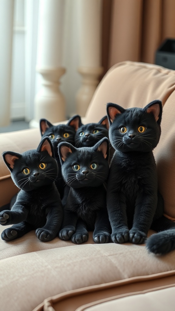 A group of cute black cat plushies sitting on a couch, showcasing their shiny eyes and soft fur.