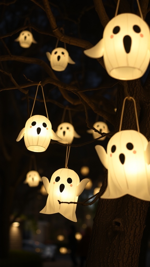 Hanging ghost lanterns glowing in the dark