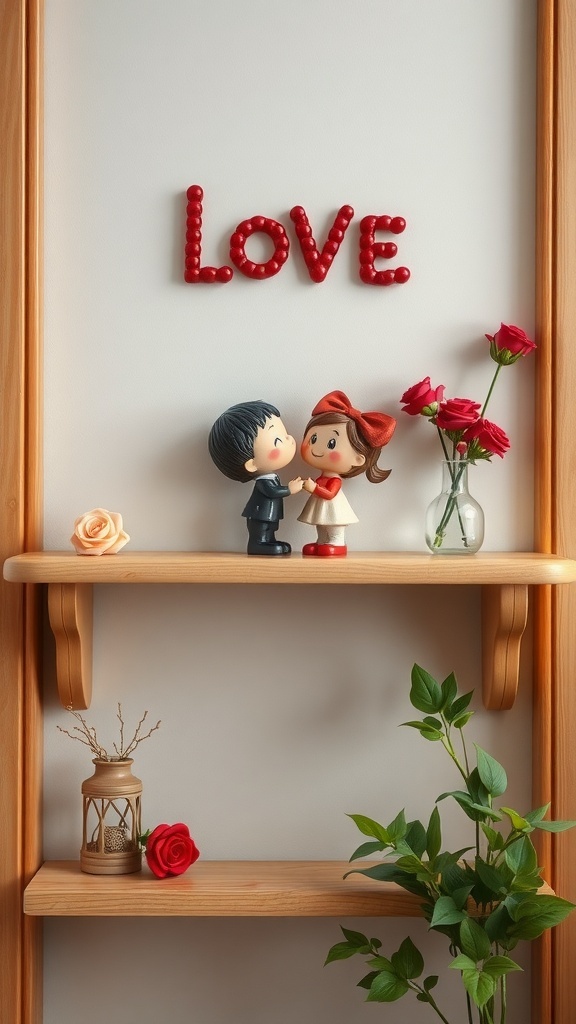 A shelf with Valentine’s Day figurines, flowers, and a sign that says 'LOVE'.