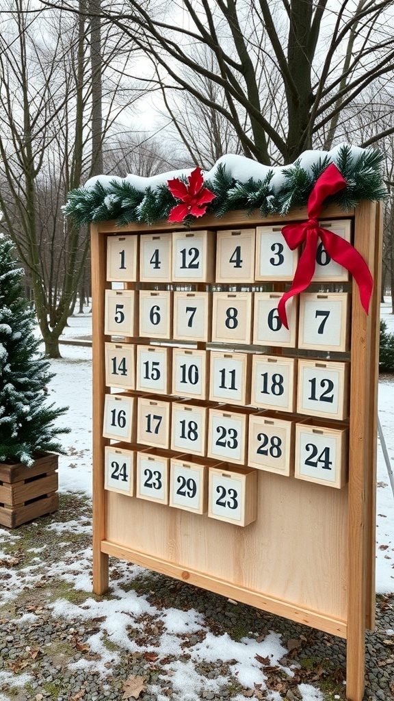 A large wooden advent calendar with numbers 1 to 24, decorated with greenery and a red bow.