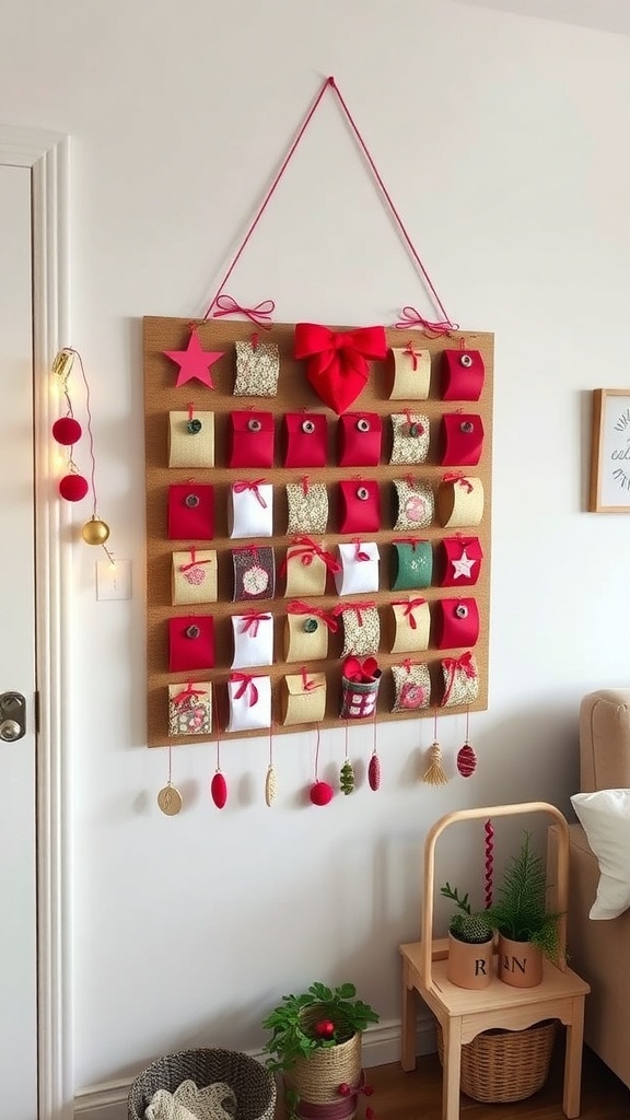 A wall-mounted advent calendar with numbered pockets, decorated with festive items.