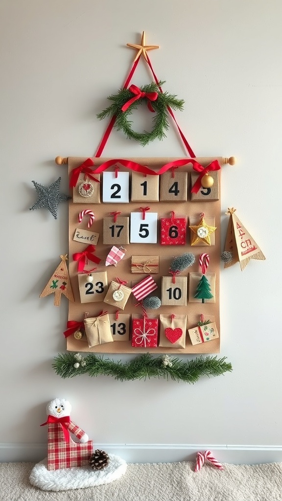 A beautifully decorated advent calendar with gifts and festive elements.