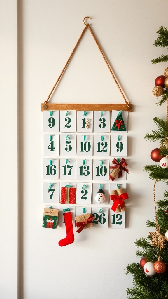 A decorative advent calendar with numbered boxes and festive decorations.