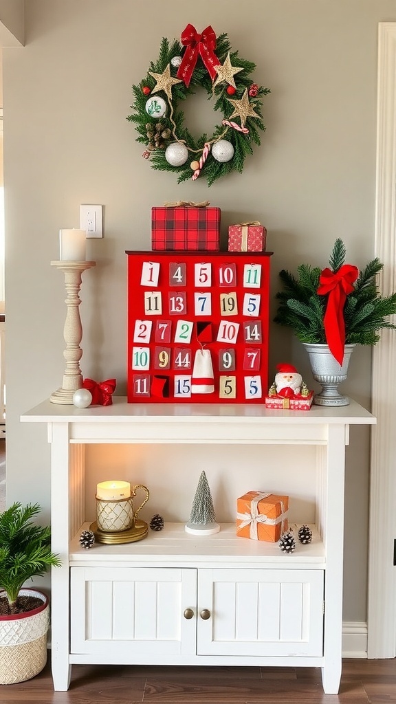 A beautifully decorated entryway table featuring an advent calendar, festive garlands, and holiday decorations.