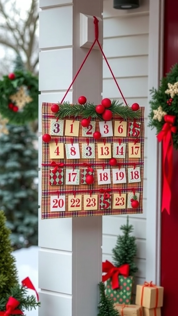 Advent calendar display on a front porch with decorations.