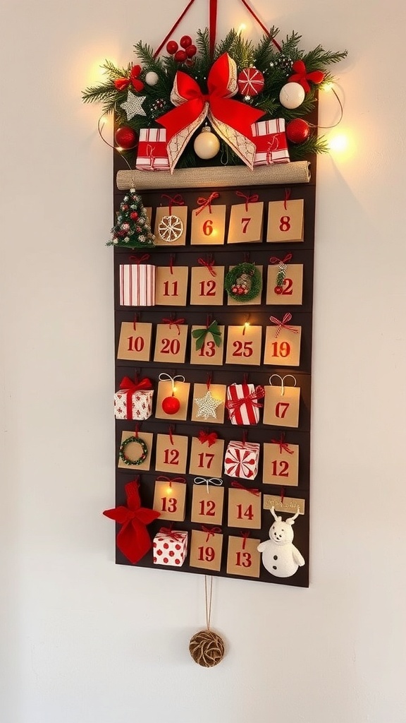 A decorative advent calendar with gifts and holiday decorations.