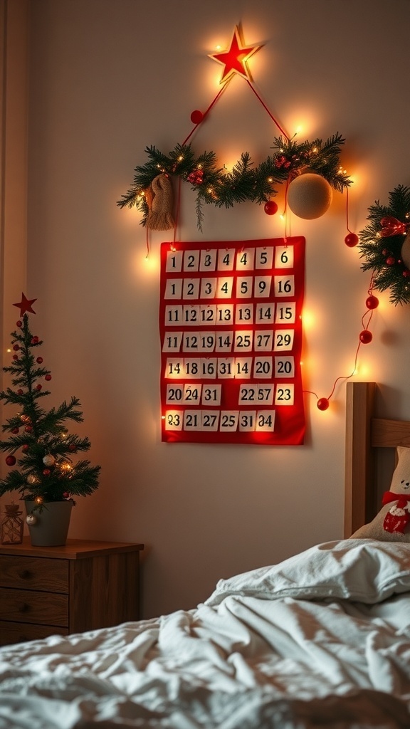 A cozy bedroom with a festive advent calendar display, featuring a red calendar with numbers, surrounded by greenery and lights.
