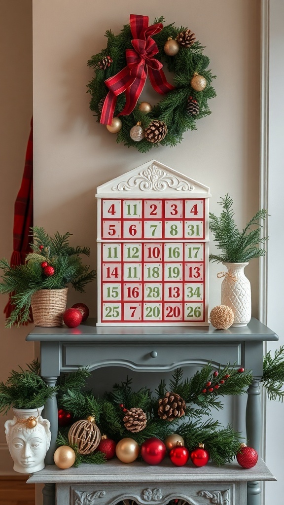 A beautifully decorated entryway table featuring an advent calendar, greenery, and Christmas ornaments.