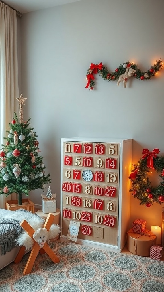 A cozy living room decorated for Christmas with a prominent advent calendar display.