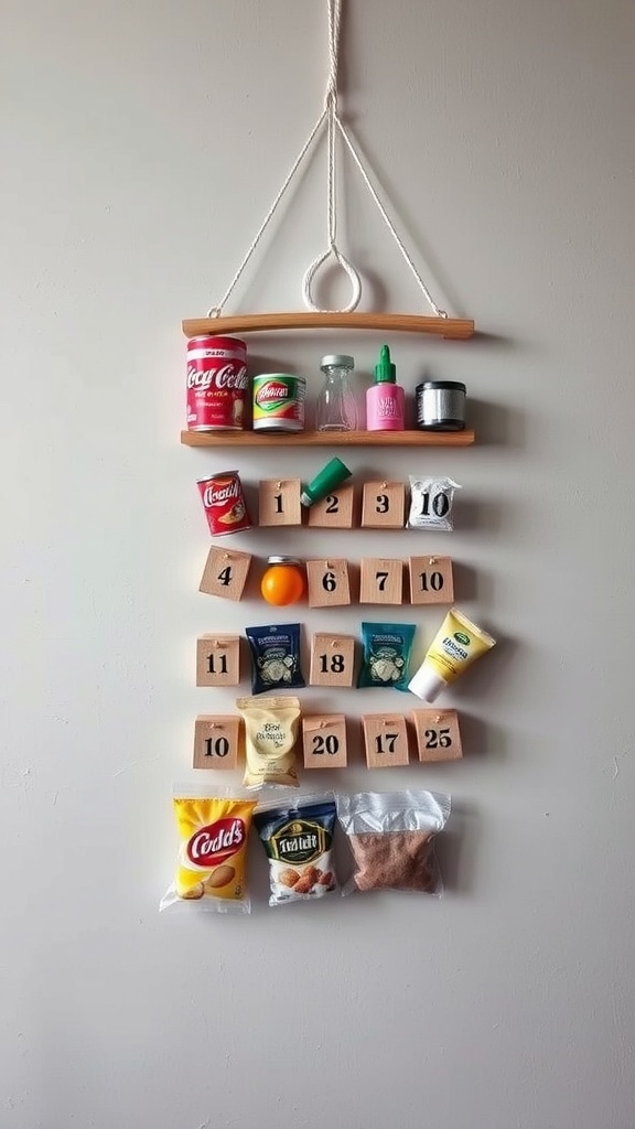 A creative advent calendar display with various items and treats arranged on a hanging shelf.