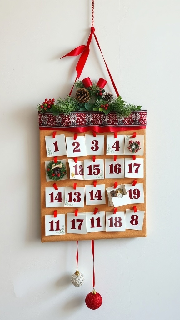 A beautifully decorated advent calendar with numbers and festive ornaments.