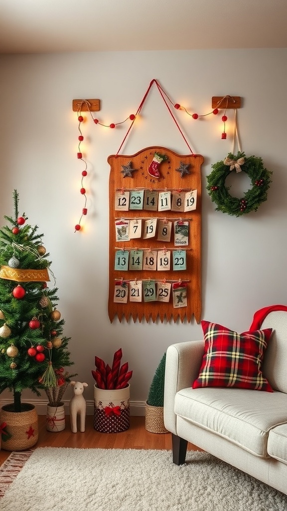 A cozy living room decorated for Christmas with an advent calendar, a small tree, and festive pillows.