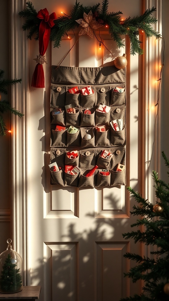 A wooden door decorated with an advent calendar featuring numbered squares and festive ornaments.