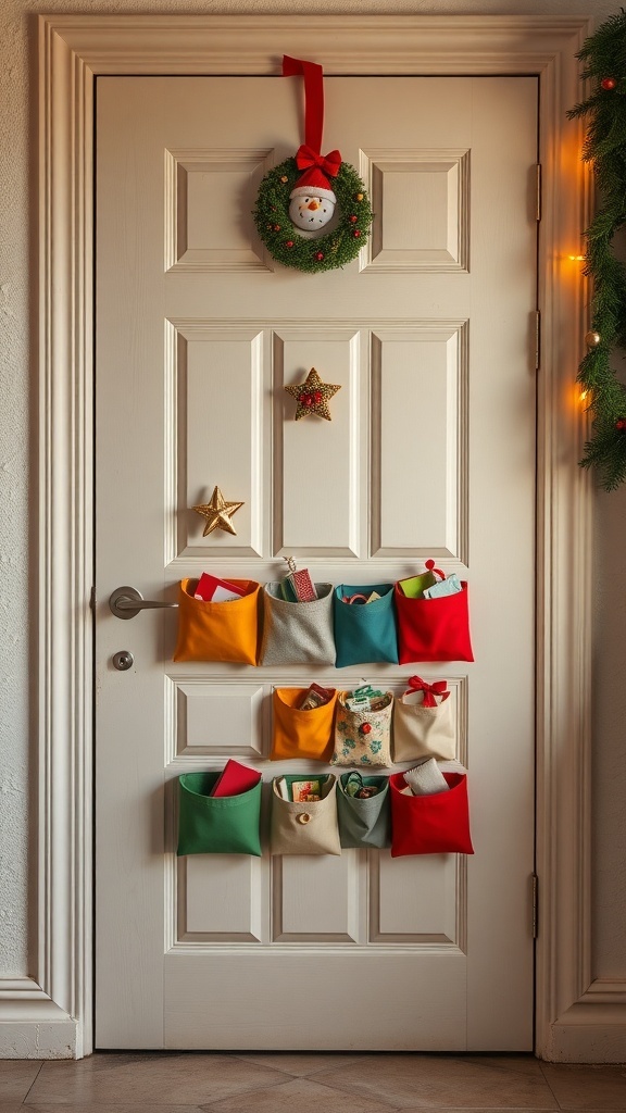 A door decorated with a wreath and an advent calendar display featuring colorful pockets.