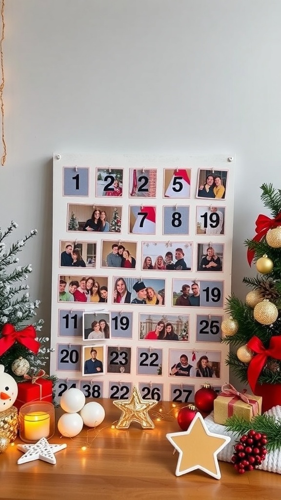 A creative advent calendar picture frame displaying various holiday photos.