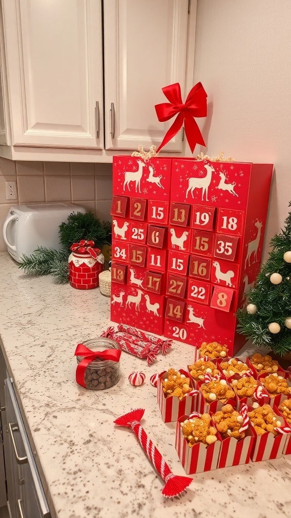 A festive kitchen scene with an Advent calendar, treats in striped boxes, and holiday decorations.