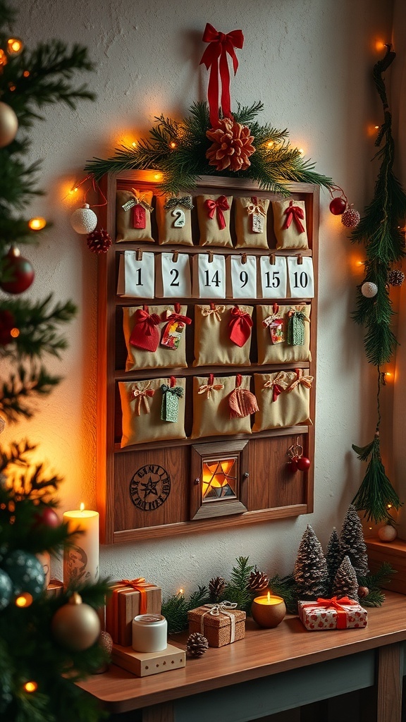 A colorful Advent calendar wall display with numbered pockets and festive decorations.