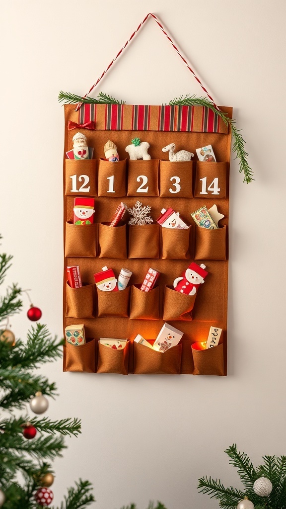 A festive Advent calendar wall hanging with pockets for daily surprises, decorated with Christmas-themed items.