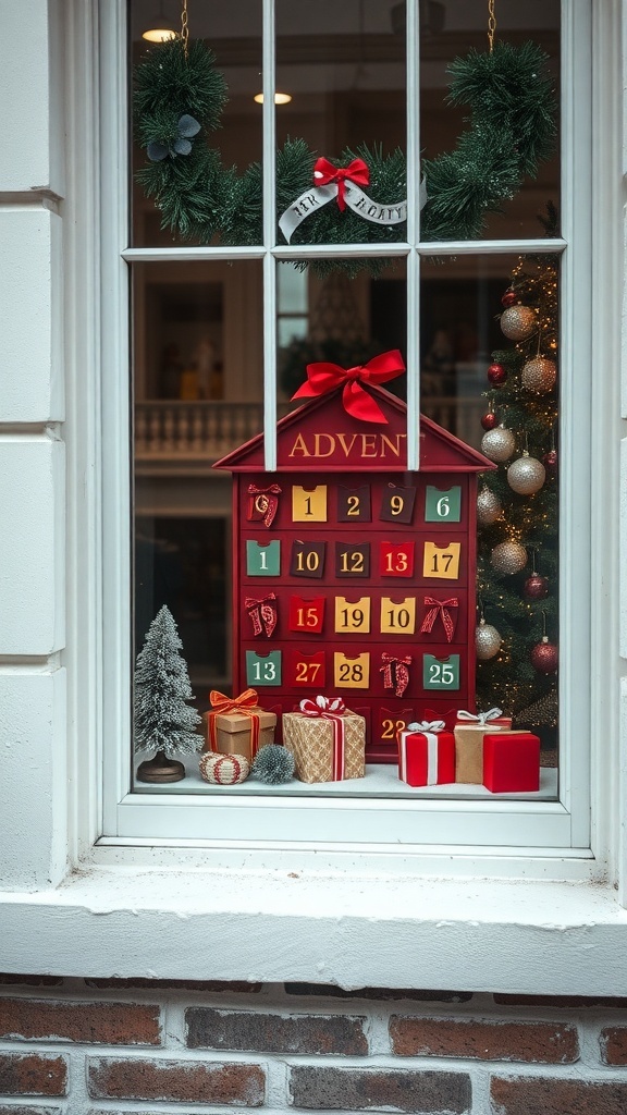 A festive Advent calendar displayed in a window, surrounded by holiday decorations.