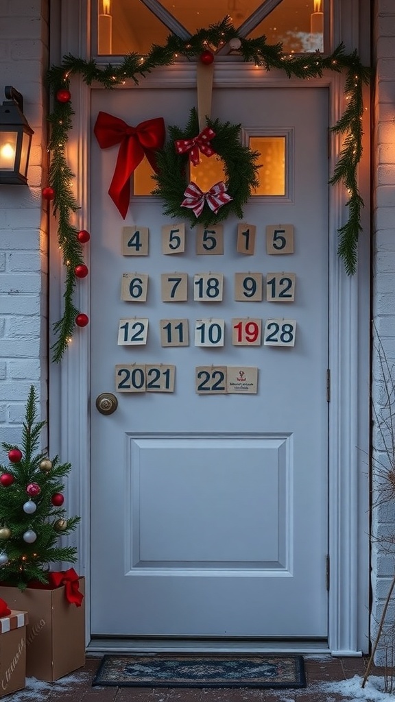 A decorated front door featuring an advent calendar, wreath, and festive elements.