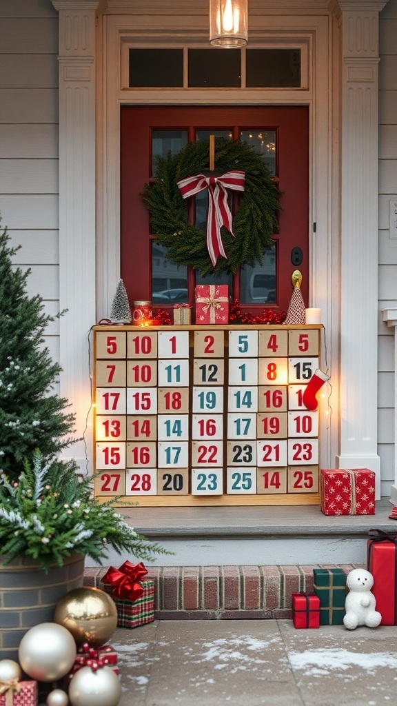 A festive advent calendar displayed on a front porch with a red door, wreath, and holiday gifts.