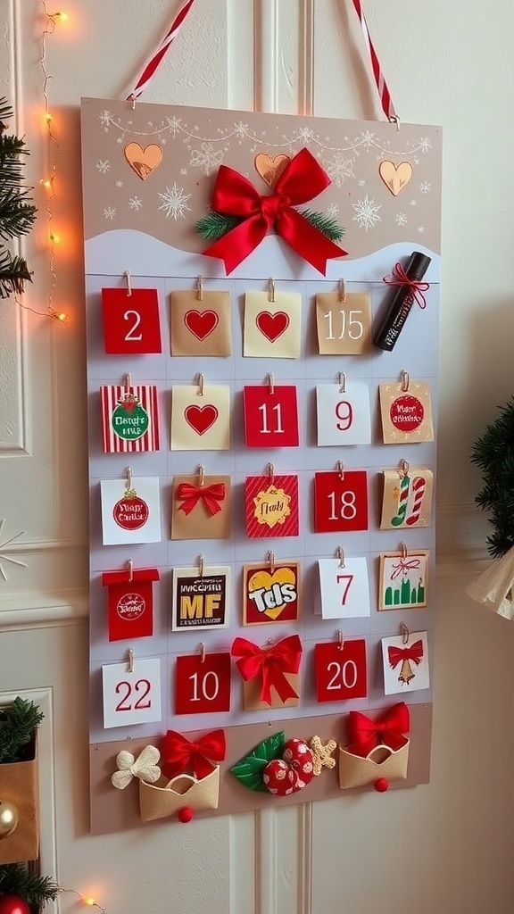 A decorative advent calendar with red and gold accents, featuring numbered boxes and festive designs.