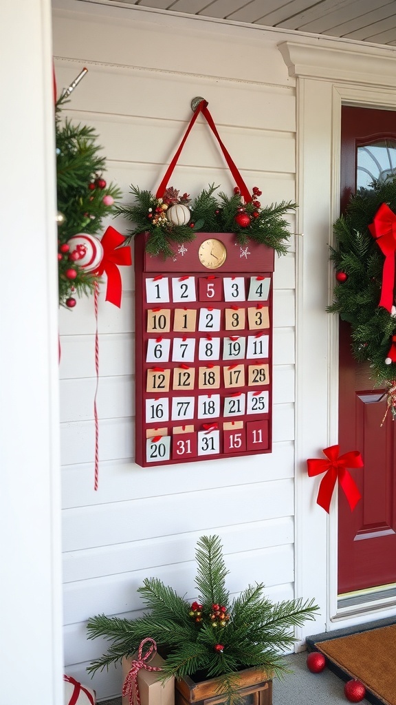 A festive Advent calendar hanging on a porch, surrounded by Christmas decorations.