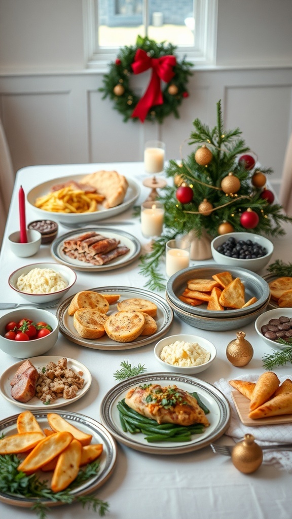 A beautifully set dining table for Christmas featuring various dishes and decorations.