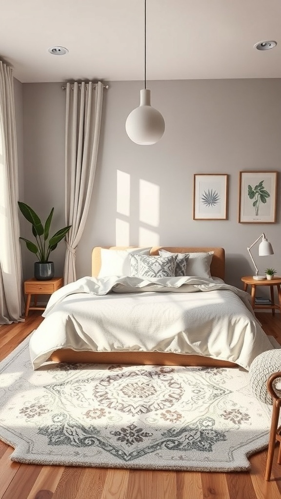 A cozy bedroom featuring a stylish area rug, light-colored bedding, and natural wood furniture.