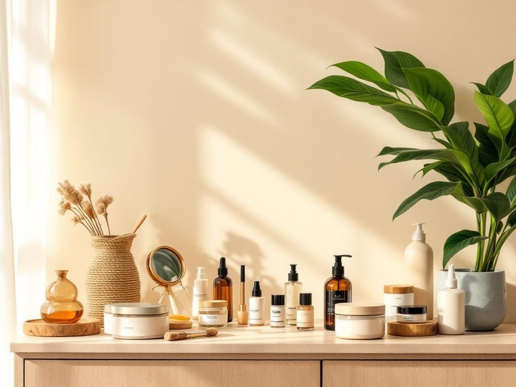 A collection of skincare products arranged on a wooden surface with natural light.