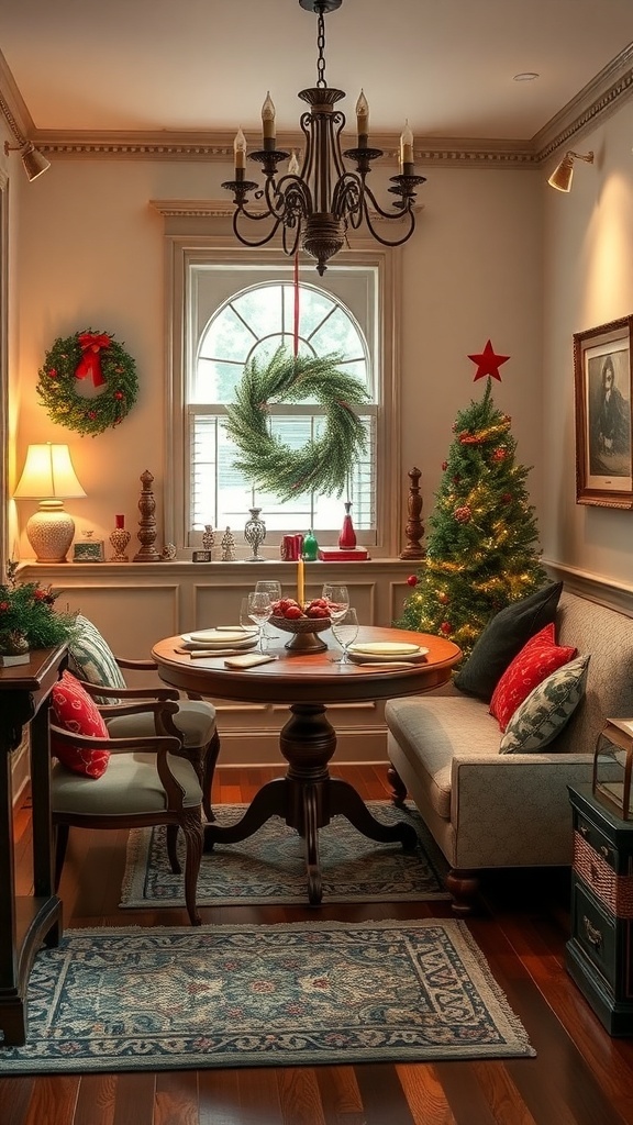 A cozy Christmas dining room with a small table, comfortable seating, and festive decorations.