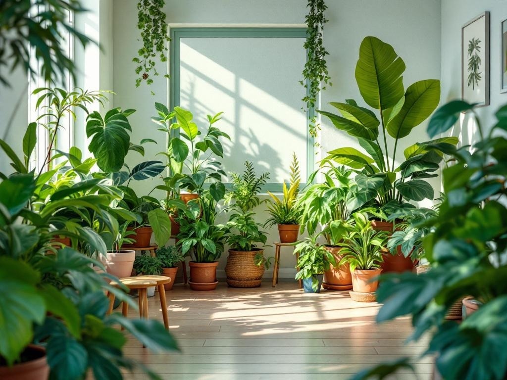 A bright room filled with various indoor plants in pots, showcasing a vibrant and fresh atmosphere.