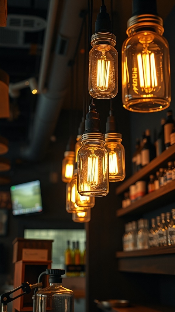 Rustic basement bar with warm hanging light fixtures