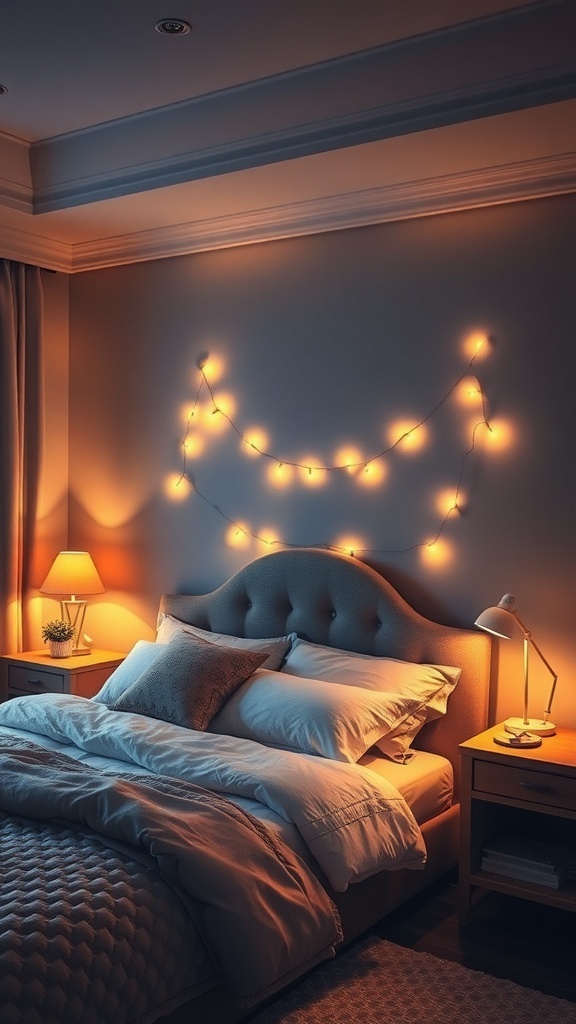 A warm bedroom with a bedside lamp and string lights creating a cozy atmosphere.