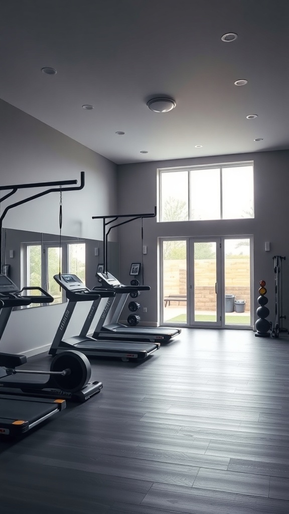 A modern home gym featuring treadmills, large windows, and recessed lighting.