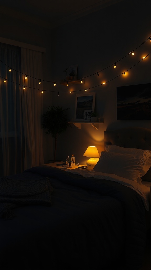 A dark cozy bedroom with string lights and a bedside lamp providing warm lighting.