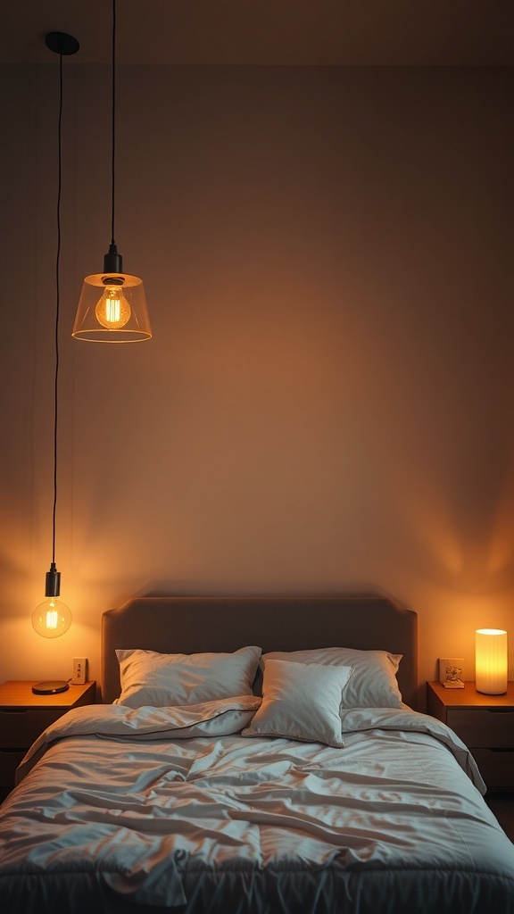 A warm modern bedroom with ambient lighting, featuring pendant lights and a cozy bed.
