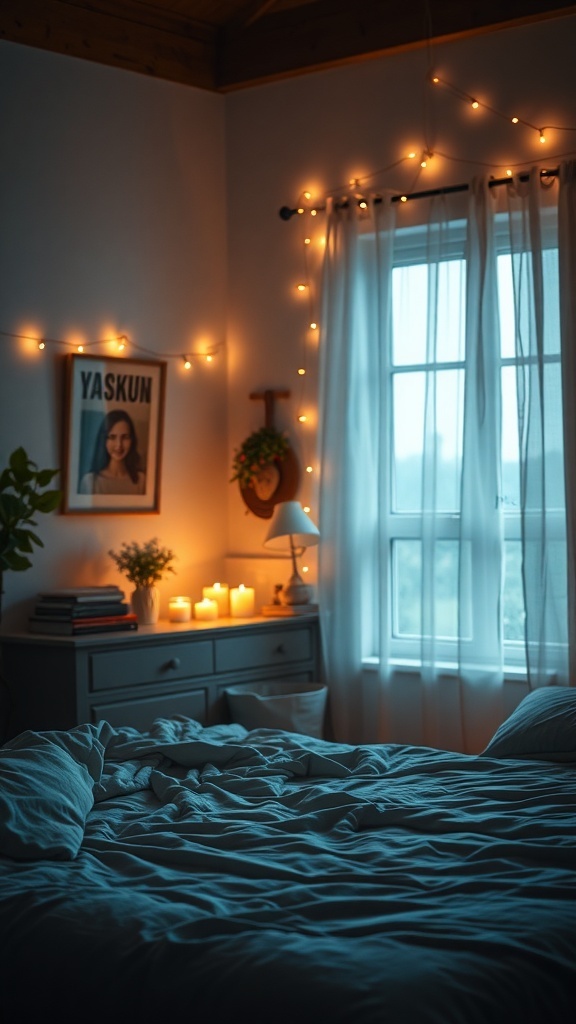 A cozy bedroom with fairy lights, candles, and soft bedding, creating a warm fall aesthetic.