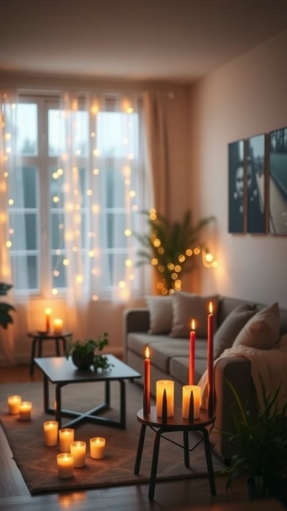 A cozy living room with candles and string lights creating a warm atmosphere.