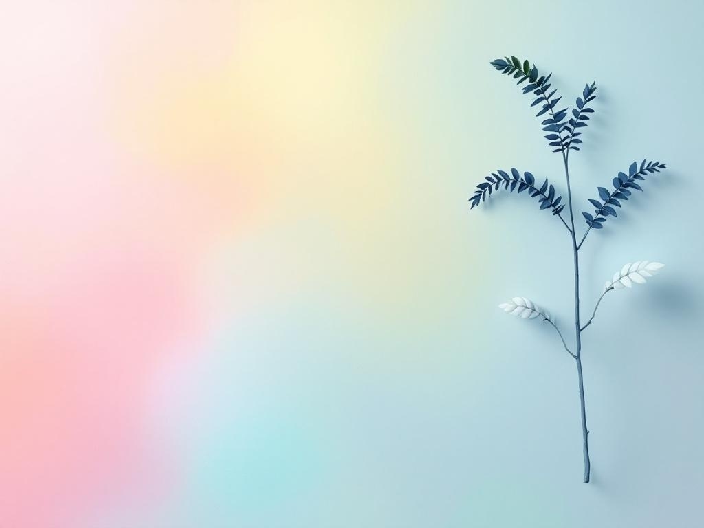 A soft pastel background with a delicate branch of leaves.