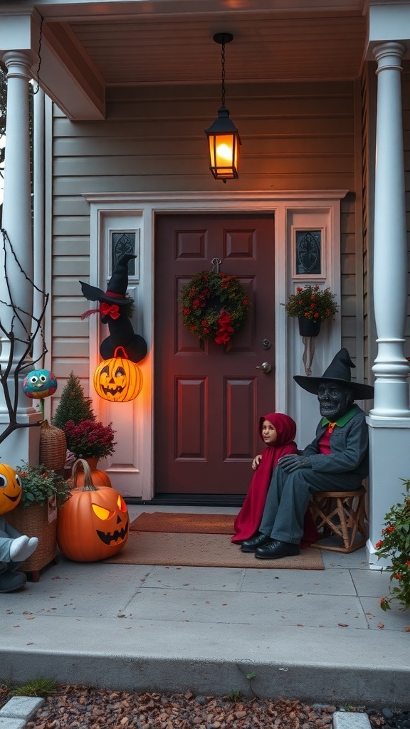 A Halloween front porch with animated decorations, including pumpkins, a witch hat, and a spooky character sitting with a child.