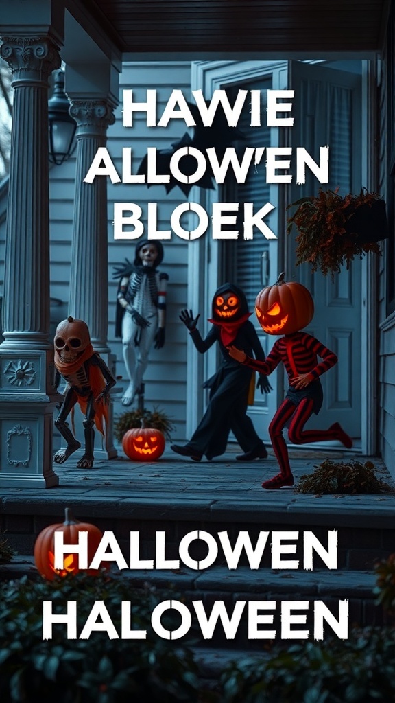 A Halloween porch decorated with animated figures including skeletons and pumpkins.