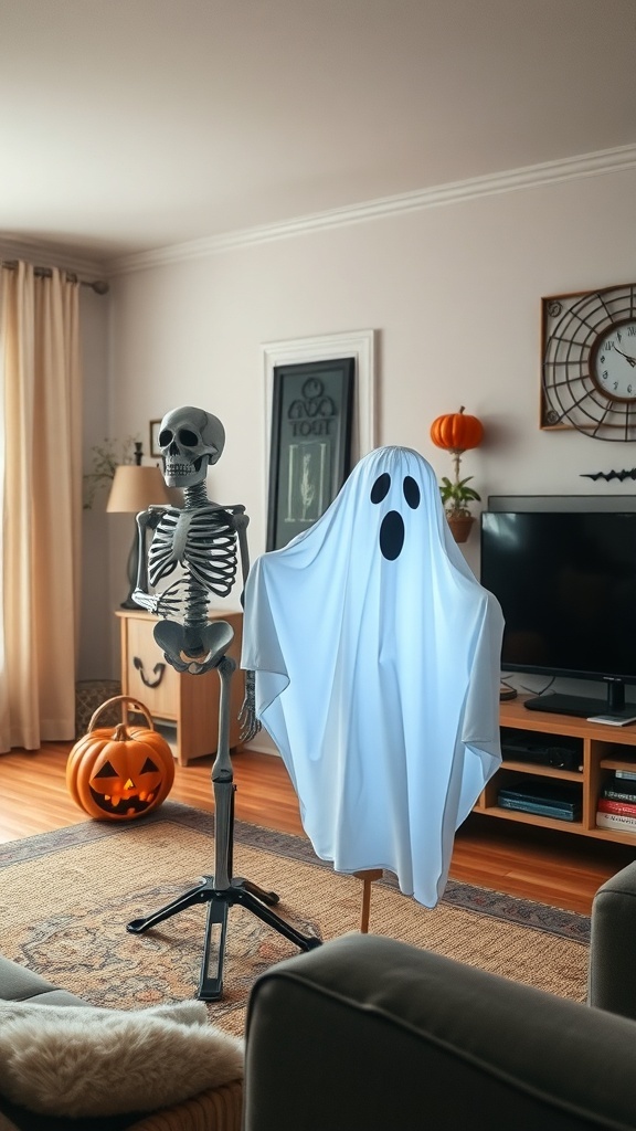 A skeleton and a ghost prop in a cozy living room decorated for Halloween, with a carved pumpkin in the background.