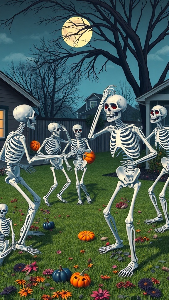 A group of animated skeletons dancing in a yard with pumpkins and flowers under a full moon.